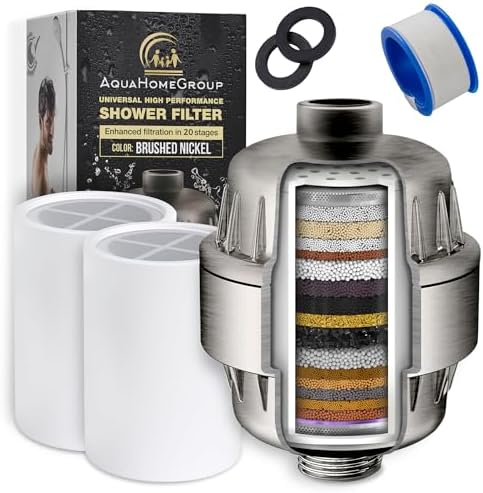 AquaHomeGroup 20 Stage Shower Head Filter with Vitamin C E A for Hard Water - High Output Filter to Remove Chlorine and Fluoride - 2 Replacement Cartridges - Consistent Flow Showerhead Filter