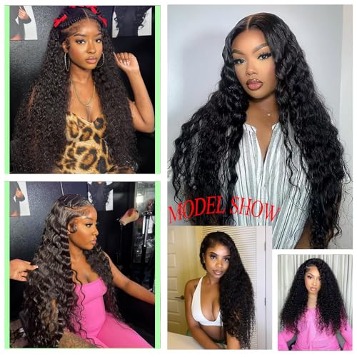 13x4 Deep Wave Lace Front Wigs Human Hair 200% Density Pre Plucked 13x4 HD Transparent Lace Frontal Wigs Human Hair Glueless Curly Wigs for Black Women 30 Inch