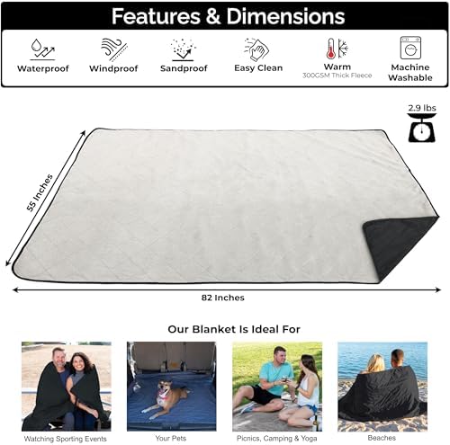 BRAWNTIDE Large Outdoor Waterproof Blanket - Extra Thick Fleece, Warm, Windproof, Sandproof, Quilted, 82" x 55", Ideal for Beaches, Picnics, Camping, Stadiums, Dogs, Car