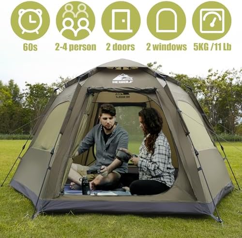 Hewolf 2/3/4 Person Camping Tent - Instant Pop Up Waterproof 2 Doors Tent with Easy Setup | 3-Season Hexagonal Dome Design for Family, Hiking & Traveling