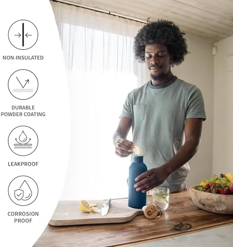 Bambaw Non-insulated Water Bottle 32oz, Blue Water Bottle with Handle, Stainless Steel Single Wall Water Bottle Dishwasher Safe, 1 Liter Water Bottles Reusable, Large Water Bottle – Aegean Blue