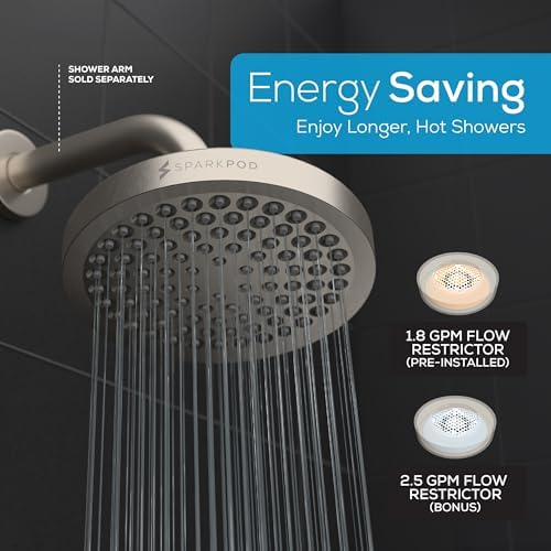 SparkPod Shower Head - High Pressure Rain - Premium Quality Luxury Design - 1-Min Install - Easy Clean Adjustable Replacement for Your Bathroom Shower Heads (Elegant Brushed Nickel, 6 Inch Round)