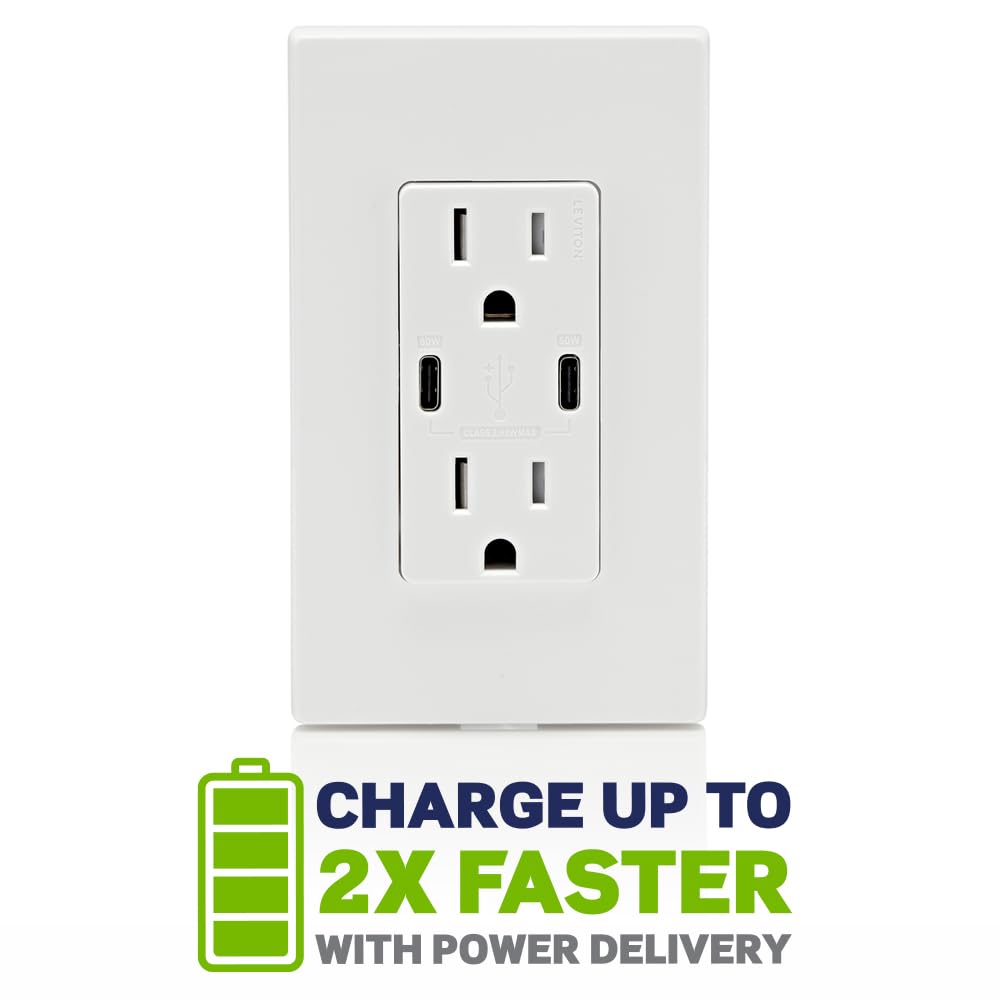 Leviton 30W (6A) USB Dual Type-C/C Power Delivery In-Wall Charger with 15A Tamper-Resistant Outlet, USB Charger for Smartphones, Tablets, Laptops, T5635-W, White