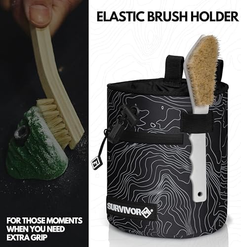 SURVIVOR Chalk Bag + Chalk Ball + Liquid Grip - Iconic Topographical Map, Draw String Closure, 2 Zippered Pockets, & Brush Holder - Bag for Rock Climbing, Bouldering, Weightlifting, Gymnastics & More