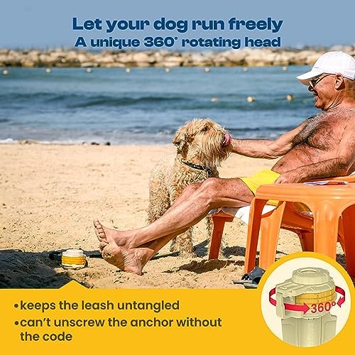 Diggo Dog Stake Beach Anchor - Dog Beach Essentials for All Dog Sizes - Unique 360° Head Rotating Combination Beach Lock System, Heavy Duty Tie Out Stake, Umbrella Sand Anchor, Designed for The Beach