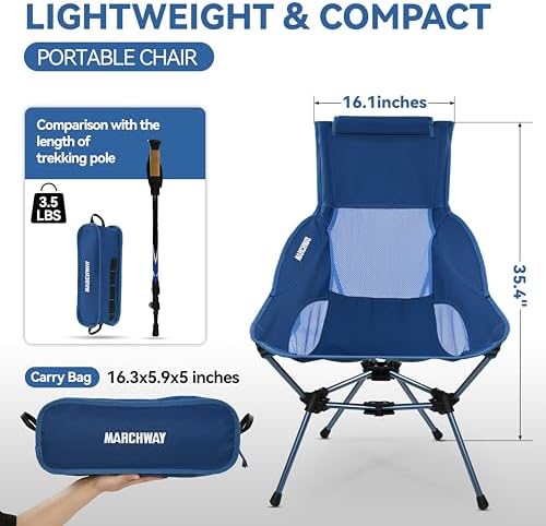 MARCHWAY Lightweight Folding High Back Camping Chair with Head Support, Stable Portable Compact for Outdoor Camp, Travel, Beach, Picnic, Festival, Hiking, Backpacking (Highback Dark Blue)