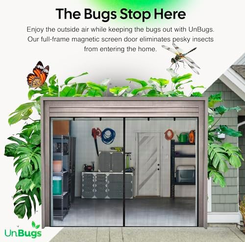 UnBugs Garage Screen Doors for 1 Car Garage - Fits Single Garage Doors up to 8 Feet Wide x 7 Feet Tall MAX - Pet & Kid Friendly, Self-Closing - Hands Free Magnet Closure Keeps Bugs Out & Breeze in