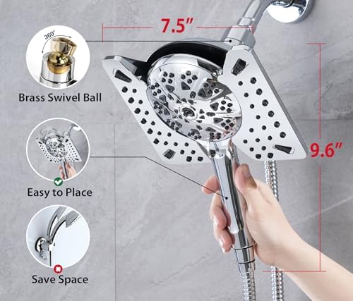 2.5 GPM Shower Head with Handheld: 2-in-1 High Pressure Shower Heads with Handheld Spray Combo 7.5" Rain Shower and 10 Spray Settings Handheld Shower Head, Detachable Showerhead with Hose