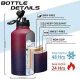 64OZ Vacuum Insulated Water Bottle - Keep Hot Cold Vacuum Flasks with Straw & Spout Lids, Paracord Handle, Water Bottler Carrier Holder & Protective Cup Mat, 1.8L Stainless Steel Water Jug