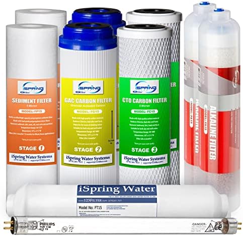 iSpring F10KU NSF Certified 1-Year Replacement Filter Set for 7-Stage RO Water Filtration Systems, Includes Alkaline Mineral & UV Filters, 10 Pieces, No RO Membrane