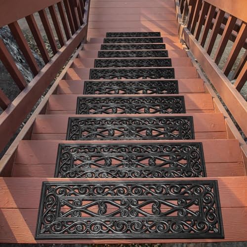 Ottomanson Indoor/Outdoor Hose-Wash Iron Wrought Design Non-Slip Rubber 10" x 30" Modern Stair Treads for Stairs, Garage, Patio, 5 Pack, Black Wrought