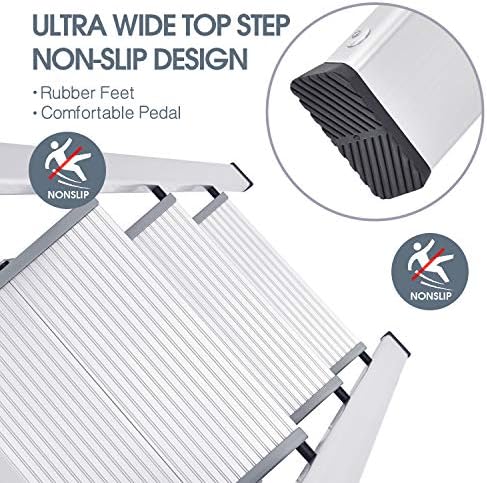 KINGRACK Aluminium 3 Step Ladder, Lightweight Step Stool with Non-Slip Pedals, Handrail, 330 LBS Foldable Step Ladder for Kitchen, Garage, Home, Space Saving, Sturdy and Portable, Silver