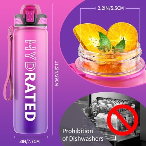 Water Bottle with Straw, 32oz Motivational Water Bottles with Time Marker to Drink, Tritan BPA Free, 1L Sports Water Bottle with Carry Strap LeakProof for Women Gym Fitness Outdoor (1 Pack)