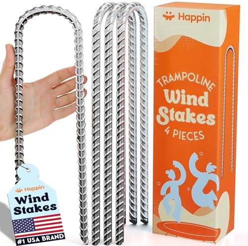 Happin® Ultra Strong Trampoline Stakes Anchors High Wind, Ground Anchors Heavy Duty, Trampoline Tie Down Anchor Kit, Ground Stakes Galvanized Steel, Trampoline Accessories, U Shaped (4 Pack, Silver)