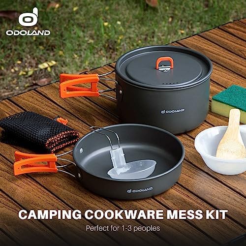 Odoland 9pcs Camping Cookware Non-Stick Lightweight Pots and Pans Set with Plastic Bowls Soup Spoon for Backpacking, Outdoor Cooking and Picnic