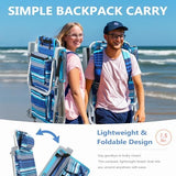 5-Position Aluminum Lay Flat Tall Backpack Beach Chairs 2 Pack, Compact Portable Beach Chairs for Adults with Cooler Pouch, Storage Pouch, Towel Bar, Cup Holder & Phone Holder, Blue Stripe
