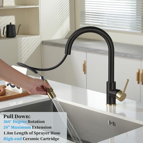 Havin Gold and Black Kitchen Faucet with Pull Down Sprayer, High Arc Stainless Steel Material, with cUPC Ceramic Cartridge,Without Deck Plate,Fit for 1 Hole Kitchen Sink or Laundry Sink