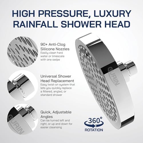GURIN Shower Head High Pressure Rain, Luxury Bathroom Showerhead with Chrome Plated Finish, Adjustable Angles, Anti-Clogging Silicone Nozzles (California 1.8 GPM)