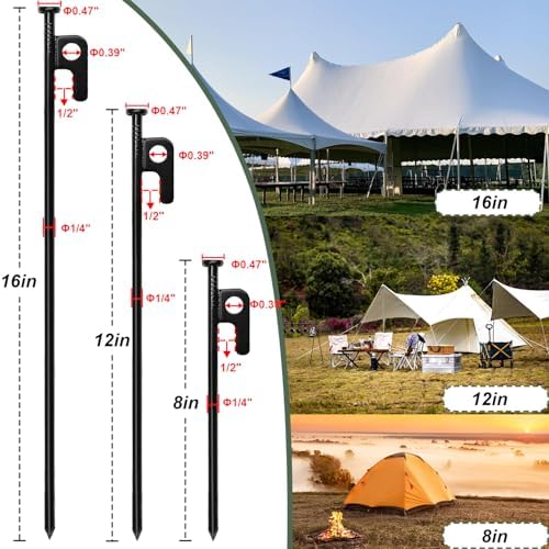 24Pcs Tent Stakes, 12in Heavy Duty Tent Stakes with Storage Pouch, Forged Steel Metal Stake for Tent Used on Rocky Place, Grassland, Dessert(24Pcs, 12in, Diameter 1/4")