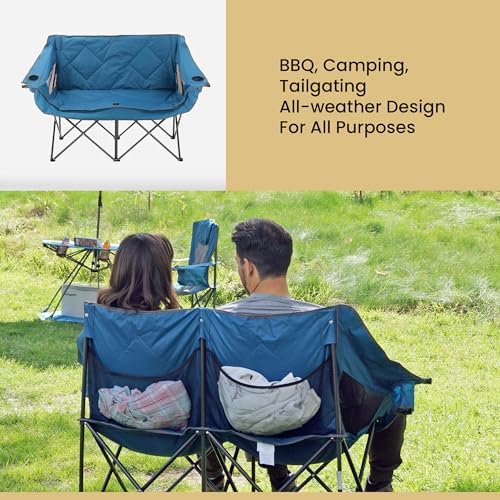 ARROWHEAD OUTDOOR Portable Folding Double Duo Camping Chair Loveseat w/ 2 Cup & Wine Glass Holder, Heavy-Duty Carrying Bag, Padded Seats & Armrests, Supports up to 650lbs, USA-Based Support