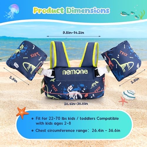 NEMONE Toddler Swim Vest for 22-70 lbs Kids Floaties Swim Jacket with Arm Water Wings for Girls Boys 2 3 4 5 6 7 Years Old Sea Beach Pool