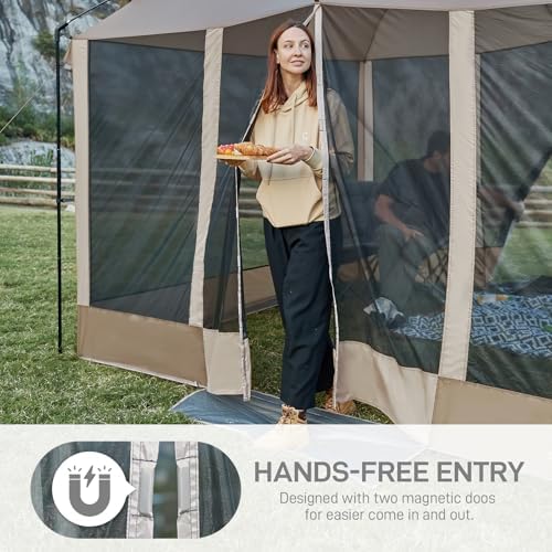 EVER ADVANCED Magnetic Screen House Room 11x9ft, Hands-Free Entry,Screenhouse with Sun Protection for Camping&Picnic, 11x9ftCamping Tent Canopy Shelter with Mesh, Brown
