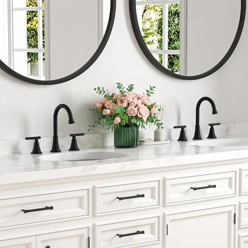 Bathroom Faucets for Sink 3 Hole, Hurran Matte Black Bathroom Sink Faucet with Pop-up Drain and Supply Lines, Stainless Steel Lead-Free Widespread Faucet for Vanity RV Farmhouse, 2 Pack