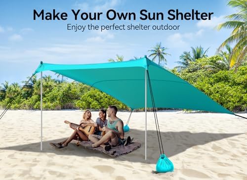 Beach Tent, Camping Sun Shelter 10 x 10ft, with 4 Sandbags, UPF50+, Includes Sand Shovel, Ground Pegs & Stability Poles, Pop Up Beach Canopy Sunshade for Fishing, Backyard Fun or Picnics (Cyan)