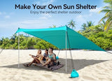 Beach Tent, Camping Sun Shelter 10 x 10ft, with 4 Sandbags, UPF50+, Includes Sand Shovel, Ground Pegs & Stability Poles, Pop Up Beach Canopy Sunshade for Fishing, Backyard Fun or Picnics (Cyan)