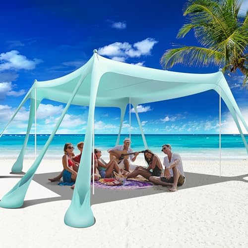 Beach Canopy Beach Tent Pop Up Shade 10x10ft Sun Shelter UPF50+ with 8 Sandbags-2 Sand Shovel-4 Aluminum Poles-Ground Pegs-Portable Carrying Bag for Outdoor Family Camping Fishing Yard Picnic