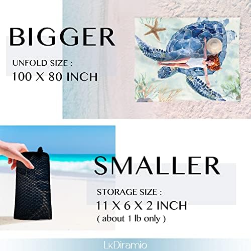 Beach Blanket Sand Proof Waterproof Oversized 100" x 80" Sand Free Mat with Corner Pockets and Mesh Bag for Outdoor, Picnic, Travel, Beach Accessories Portable, Watercolor Turtle