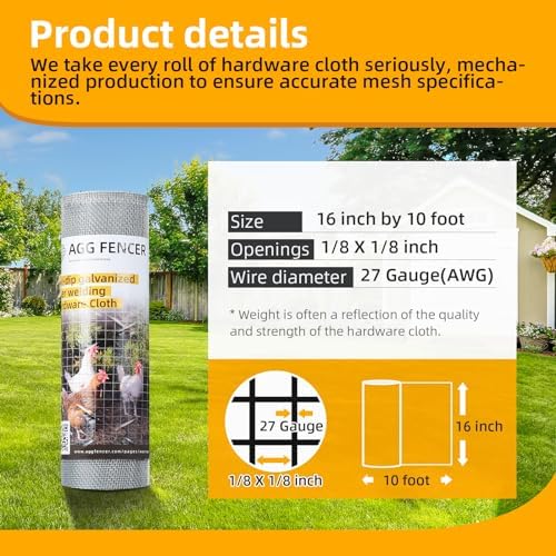 16in x 10ft Hardware Cloth 1/8 inch 27Ga Hot Dipped Galvanized After Welding, Chicken Coop Wire Fence, Welded Metal Fencing Roll Mesh for Bee Screen Garden Plant Poultry Animal Netting Cage