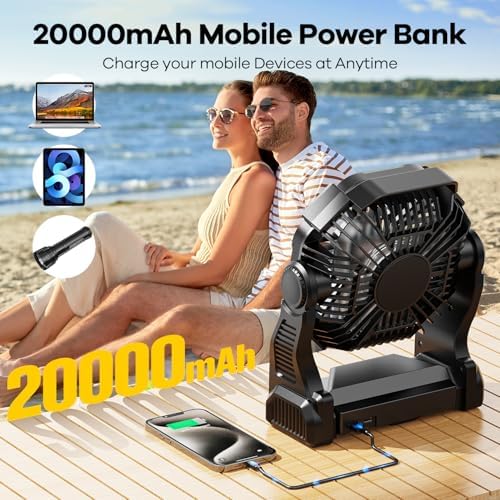 20000mAh Solar Fan with LED Lantern, 10W Solar Panel Rechargeable Battery Powered Camping Fan for Outside, 9 Inch Portable Battery Operated Power Bank for Picnic, Barbecue, Fishing, Travel