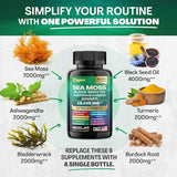 Sea Moss 7000mg Black Seed Oil 4000mg Ashwagandha 2000mg Turmeric 2000mg Bladderwrack 2000mg Burdock 2000mg & Ginger Vitamin C Vitamin D3 with Elderberry Manuka Dandelion Yellow Dock Chlorophyll ACV