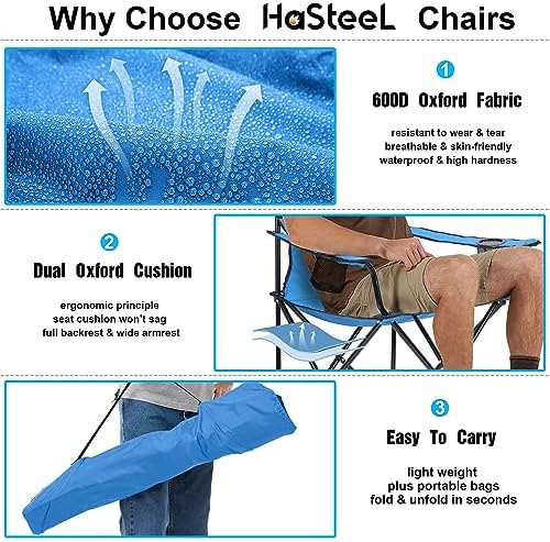 HaSteeL Foldable Camping Chair Set of 2, Folding Camp Chairs & Carrying Bags for Adults, Portable for Lawn, Outdoors, Fishing, Hiking, Travel, Picnic, Beach, Oversized & Supports 275lbs (Blue)