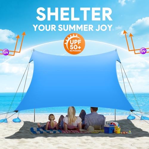 Beach Tent Sun Shelter, 10 x 10 FT Beach Canopy Tent Sun Shade Heavy Duty, UPF50+ Beach Tent Canopy with 8 Sandbags & 4 Stability Poles, Outdoor Beach Tent for Beach Camping Fishing, Sky Blue