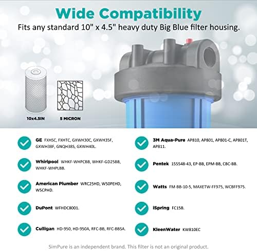 SimPure 5 Micron 10 x 4.5 Inch Whole House Carbon Water Filter | CTO Activated Coconut Carbon Replacement Cartridge | Fits DB10P, DB10C-2, GE GXWH40L, GXWH35F, BB10, FXHTC, FC15B (2Pack)