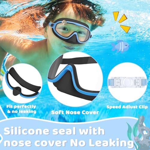 Vvinca 2 Pcs Kids-Swim-Goggles with Nose Cover, Swimming Diving Mask Wide View Anti Fog UV Anti Shattered Lens for Kids 3-6