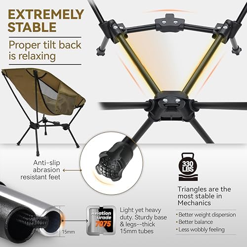 MARCHWAY Lightweight Folding Camping Chair, Stable Portable Compact for Outdoor Camp, Travel, Beach, Picnic, Festival, Hiking, Backpacking, Supports 330Lbs (Khaki)