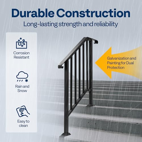 VIVOHOME 2-Pack Wrought Iron Hand Rails for Outdoor Steps – 27.1" Curved Ends and Safety Balusters Exterior Railing Kit for Porch, Deck, or Indoor Stairs (3-Step, Black)