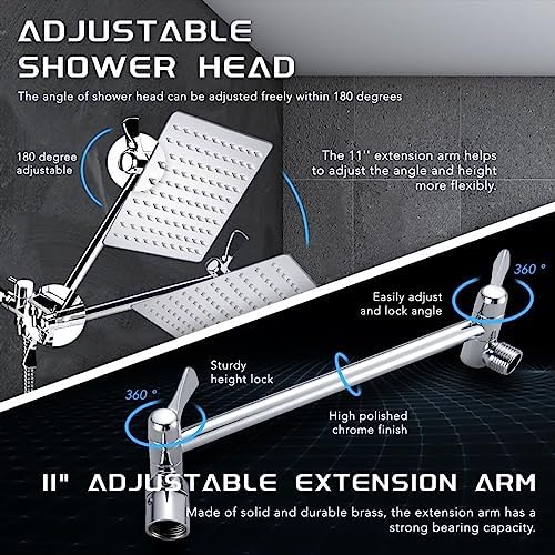 12''Rainfall Shower Head with Handheld Combo High Pressure 8+2 MODE built-in power wash, Stainless Steel Chrome Showerhead with 11'' Extension Arm Height/Angle Adjustable with Holder&60"Hose