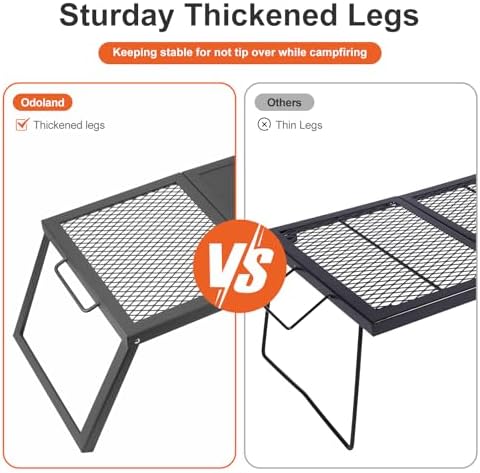 Odoland Folding Campfire Grill, Heavy Duty Steel Mesh Grate with Folding Legs and Storage Bag, Portable Camping Grates, Over Fire Pit Grill Rack for Outdoor Cooking and Bonfire