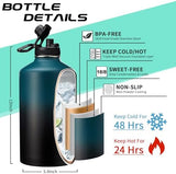1 Gallon Water Bottle Stainless Steel - 128oz Insulated Flask Water Bottle with Sleeve Strap, Big Water Jug with Straw & Spout Lid, Gym Camping Gallon Water Bottle w/Paracord Handle, protective Boot