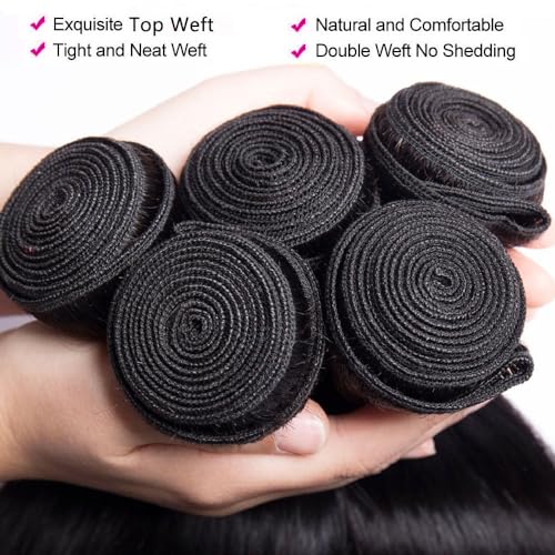 10A Brazilian Straight Human Hair 3 Bundles with Closure 16 18 20+14 Inch 100% Unprocessed Straight Virgin Hair Weave Bundles Human Hair with 4x4 HD Lace Closure