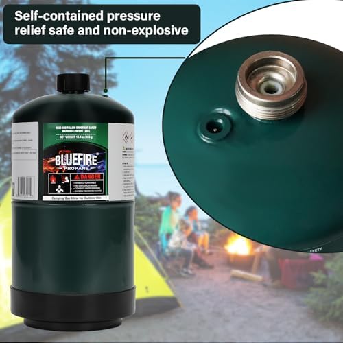 BLUEFIRE 16.4 oz Propane Replacement Fuel Camping Gas Cylinder Pack of 4 All Purpose Portable Canister Propane Gas Tank for Camping Stove Outdoor Backpack Mini Burner Heater Cooking Torch Lamp