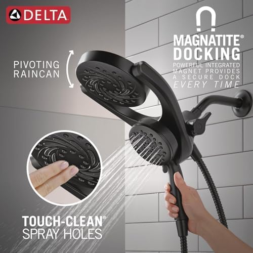 Delta Faucet 5-Setting HydroRain 2-in-1 Dual Shower Head with ProClean Spray, Matte Black Round Shower Head with Hose, Hand Held Shower Head, Matte Black 75419BL