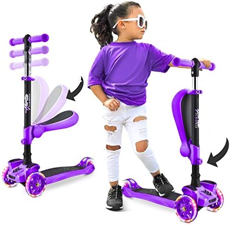 Hurtle 3-Wheeled Scooter for Kids - Wheel LED Lights, Adjustable Lean-to-Steer Handlebar, and Foldable Seat - Sit or Stand Ride with Brake for Boys and Girls Ages 1-14 Years Old