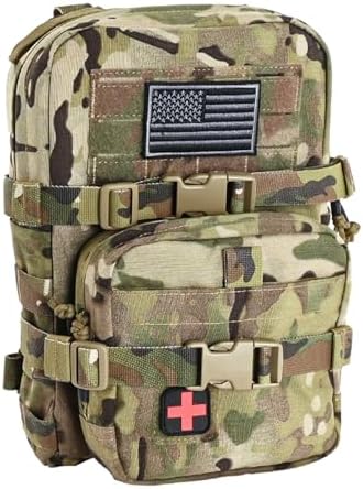 Tactical Mini Molle Hydration Pack,Molle Hydration Carrier with IFAK Pouch&US Flag&Med Patch,Hydropack for 2L Water Bladder