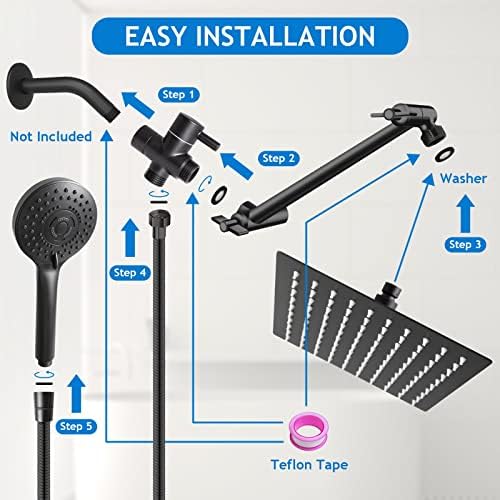 High/Low Pressure Water Rain Shower Head with 11 Inch Adjustable Extension Arm and 5 Settings Handheld Shower Head Combo,Powerful Shower Spray - Matte Black, 12 Inch