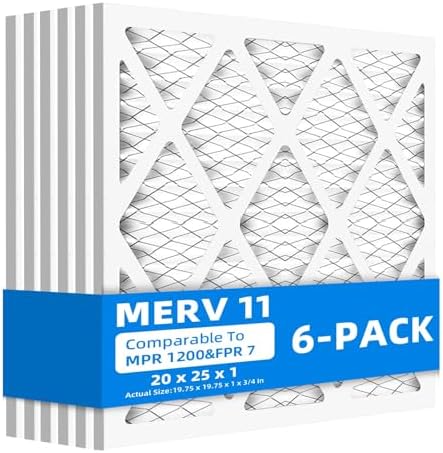 (6 Pack) 20x25x1 Furnace Air Filters, MPR 1200 & FPR 7, MERV 11 Pleated Air Filter (Actual Size: 19 3/4"x 24 3/4" x 3/4")